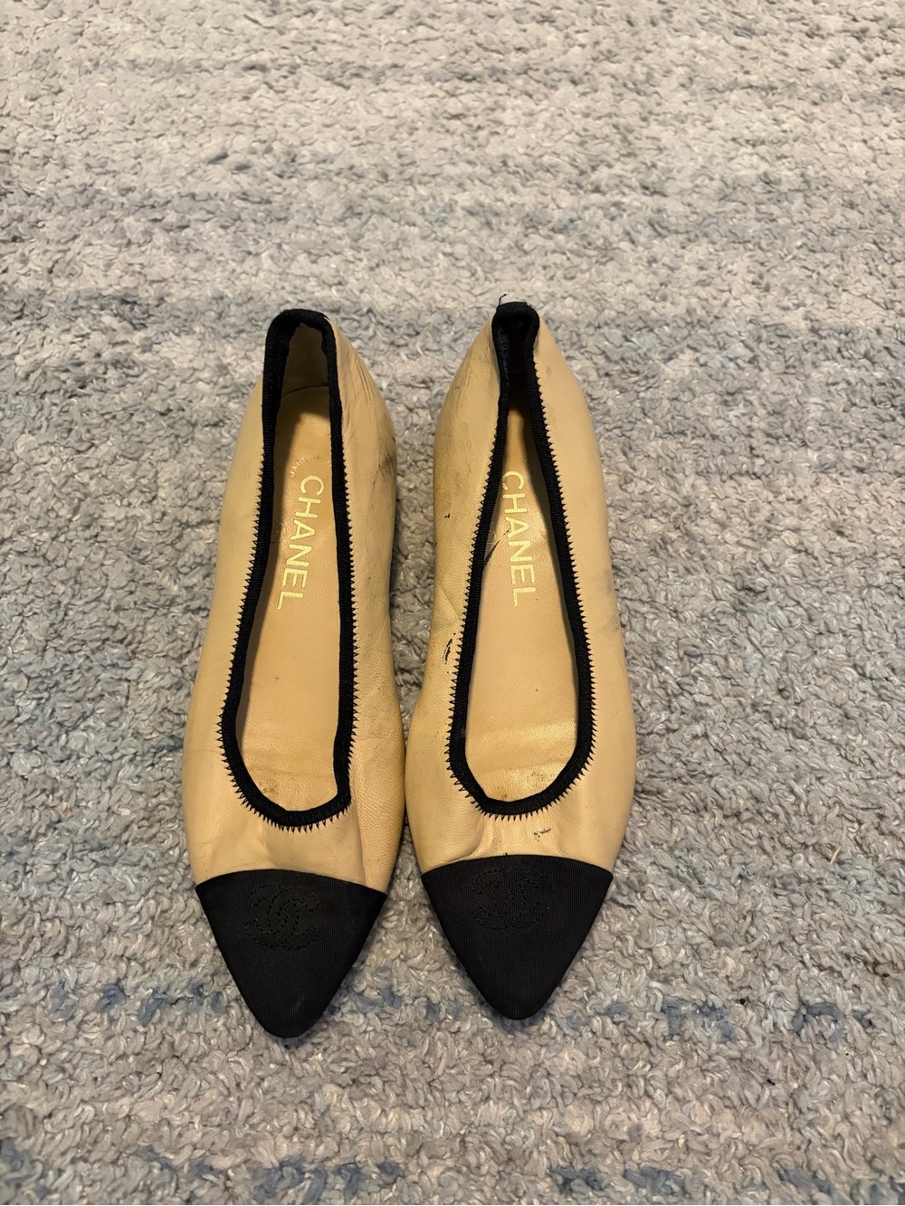 CHANEL Beige Black Leather Cap Toe Chain Heel Ballet Flats Shoes EU 37 C G33323⁠